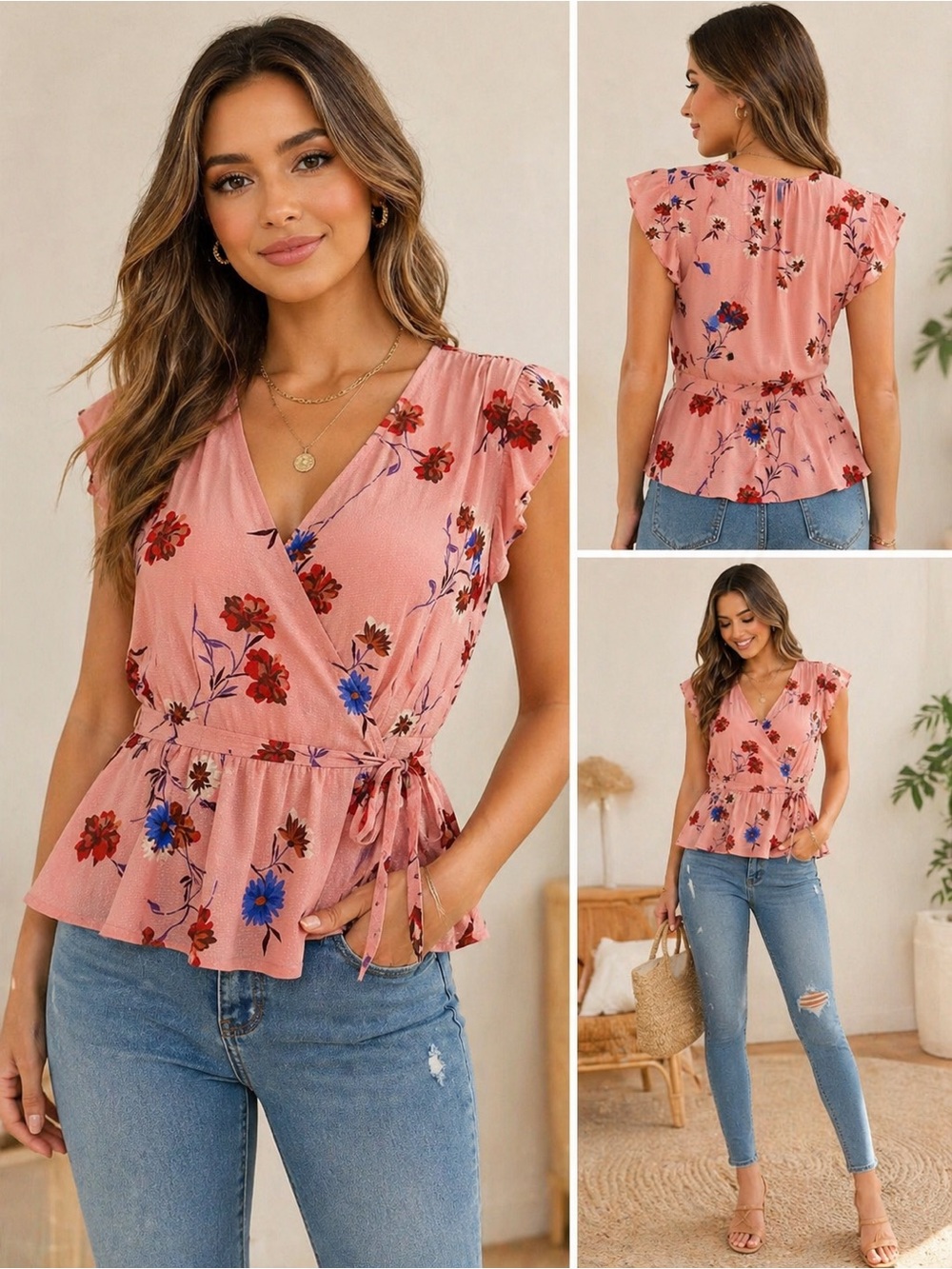 Jessica Simpson Paislee Wrap Top Floral Pink Ruffle Peplum Boho L NWT